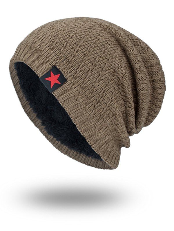 

Star Label Embellished Stripy Thicken Knit Hat, Khaki