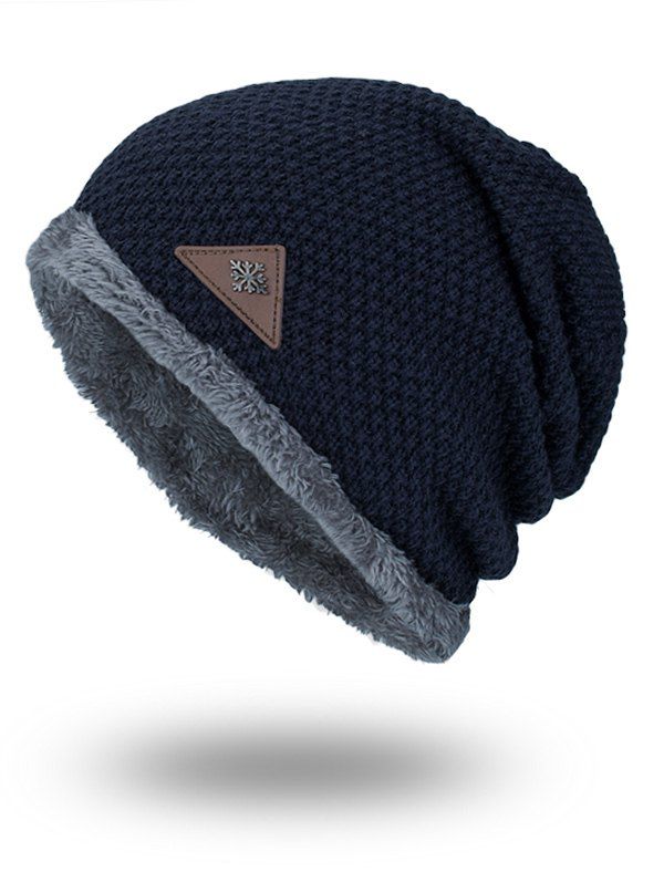 

Triangle Label Embellished Fluffy Panel Thicken Knit Hat, Purplish blue