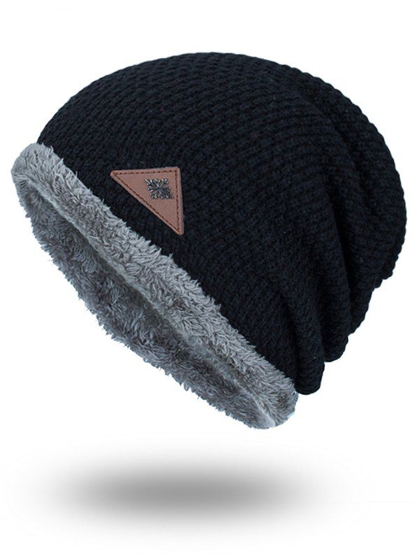 

Triangle Label Embellished Fluffy Panel Thicken Knit Hat, Black