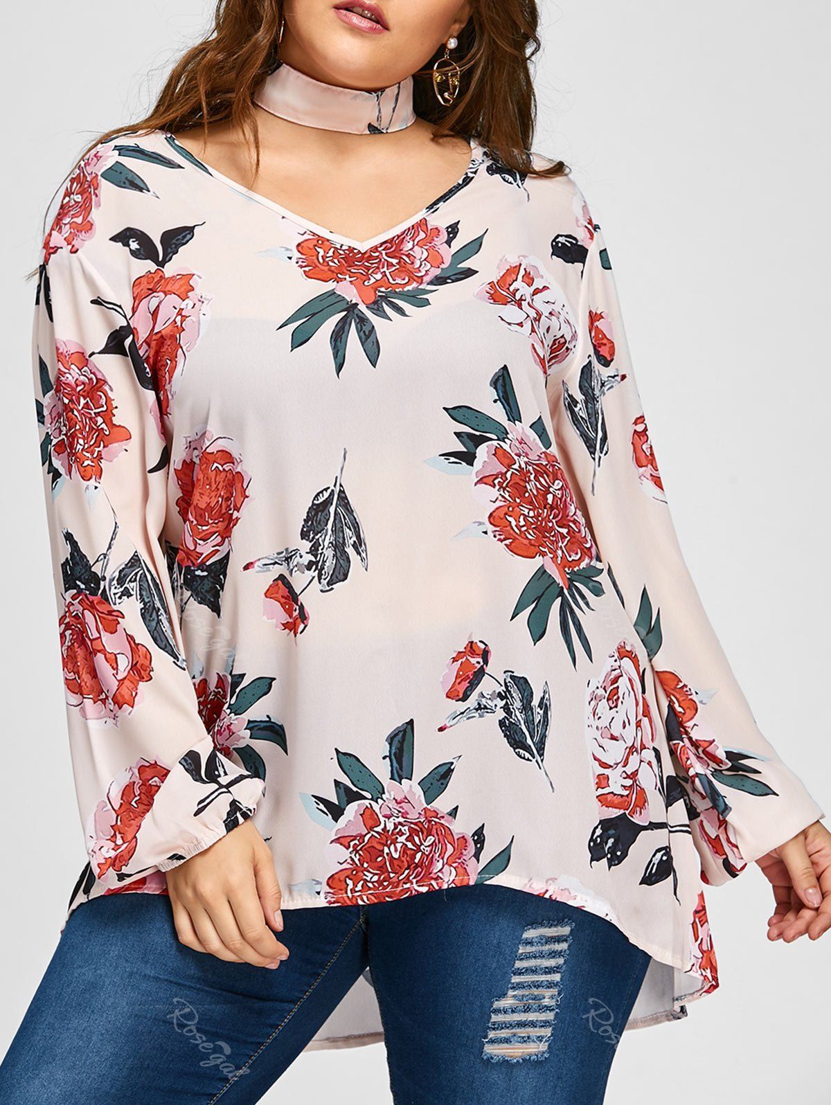 

Floral Print Plus Size Blouse with Choker, Pink