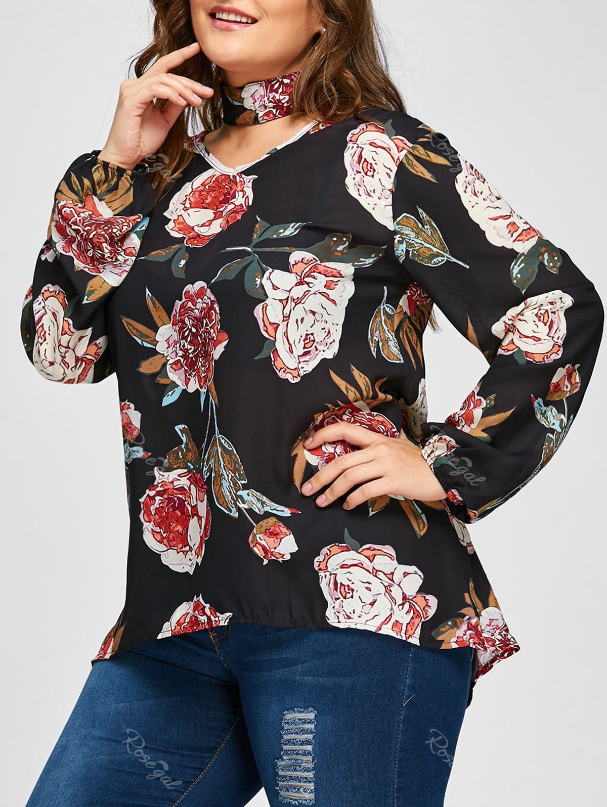 

Floral Print Plus Size Blouse with Choker, Black