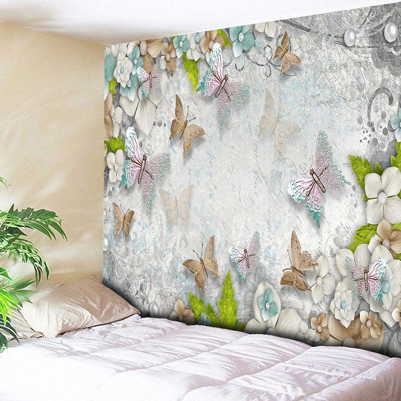 

Butterfly Flower Print Vintage Wall Tapestry, Grey white