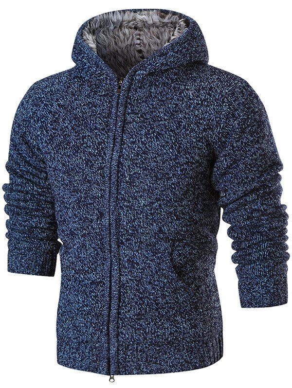 

Faux Fur Lining Zip Up Hooded Cardigan, Blue