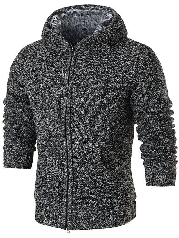 

Faux Fur Lining Zip Up Hooded Cardigan, Deep gray