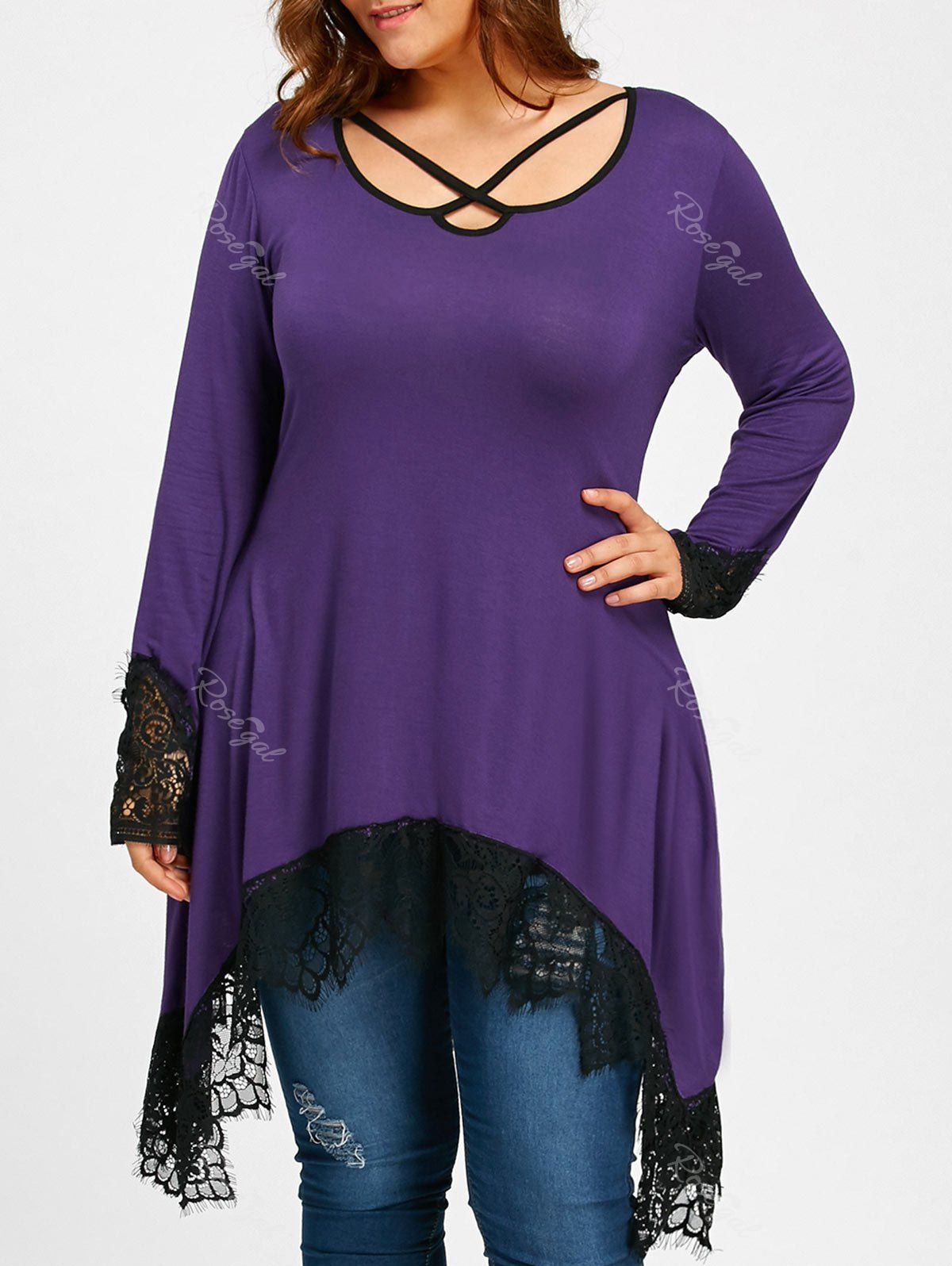

Lace Trim Plus Size Sharkbite Tunic T-shirt, Purple