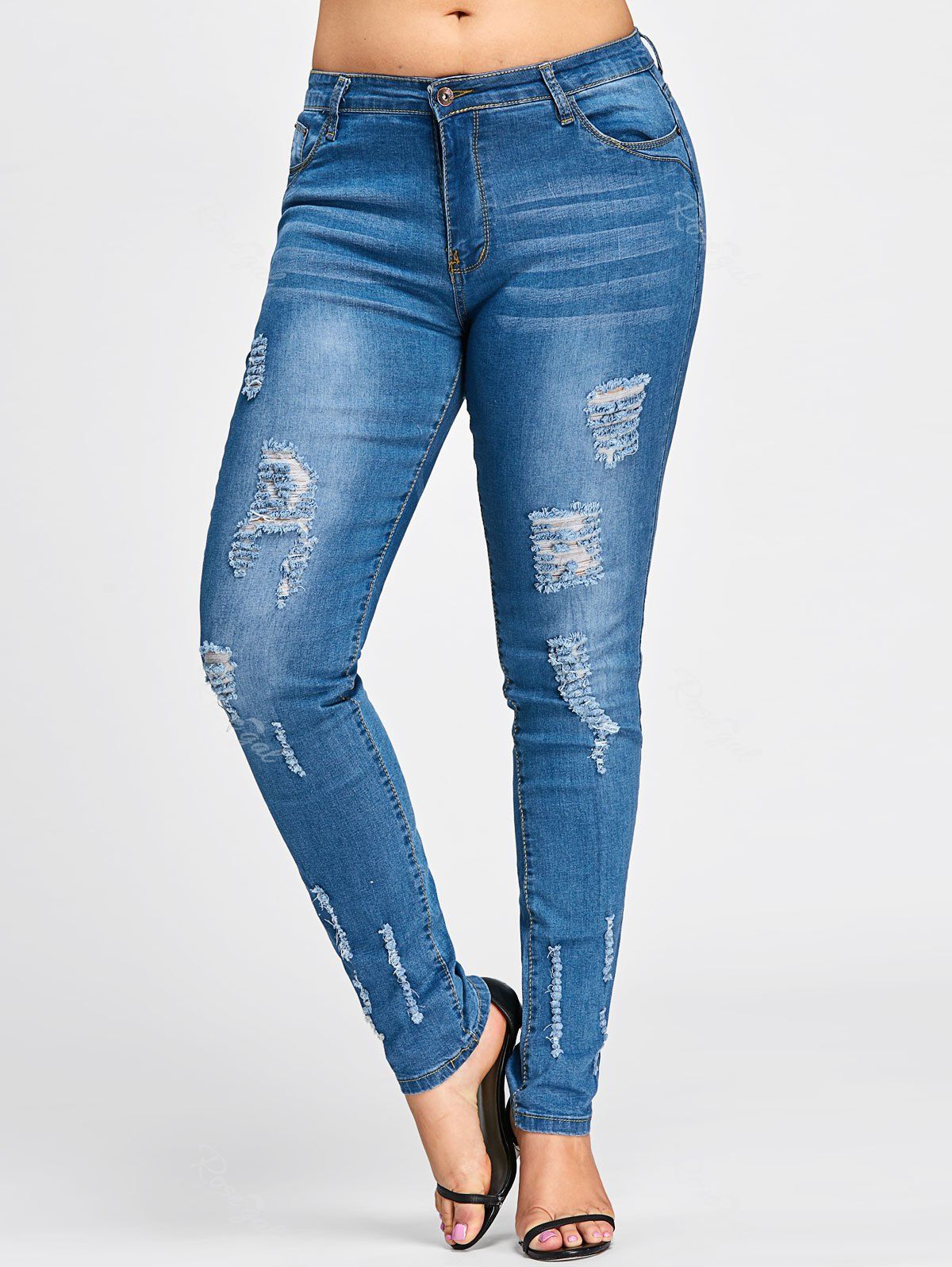 

Plus Size Beach Destroyed Wash Skinny Jeans, Denim blue