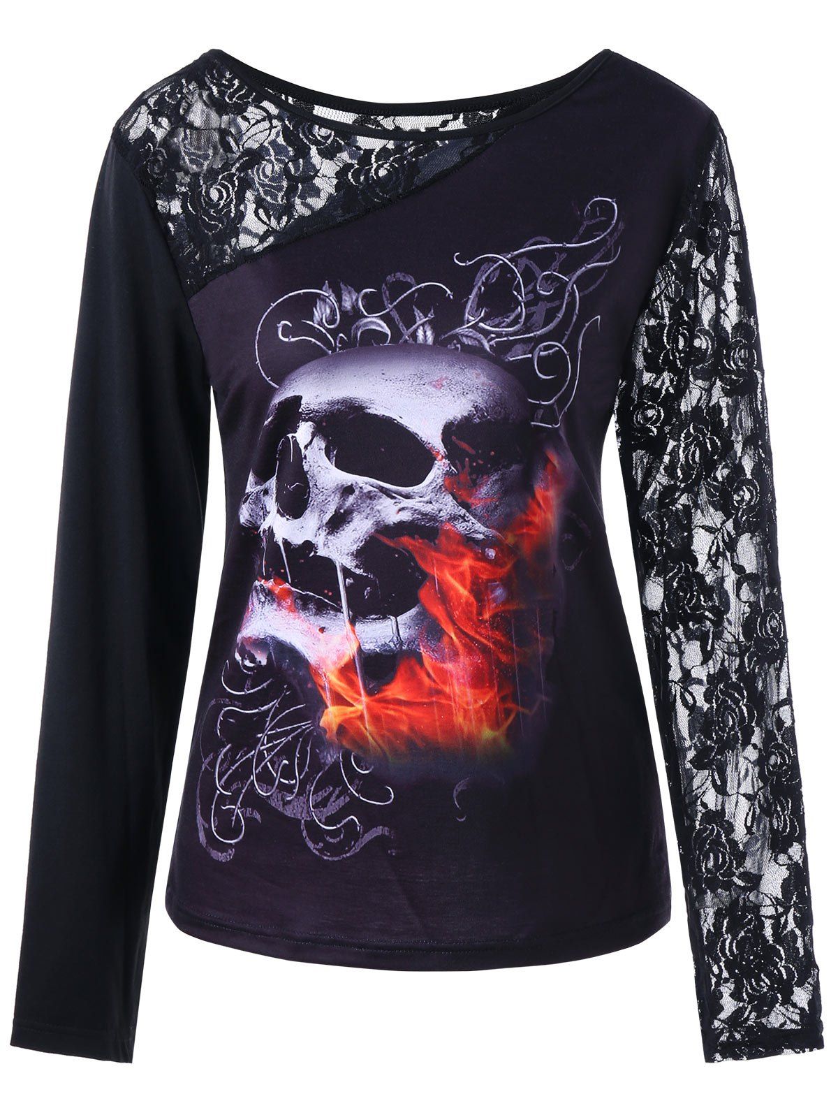 

Halloween Lace Panel Long Sleeve Skull Print Top, Black