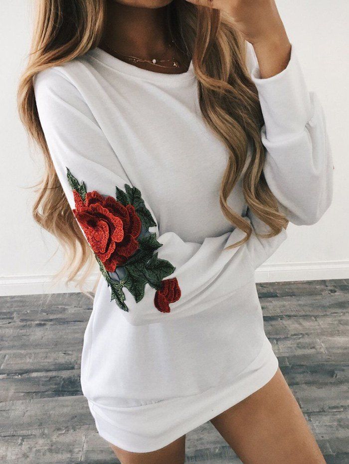 

Flower Embroidery Tunic Sweatshirt, White