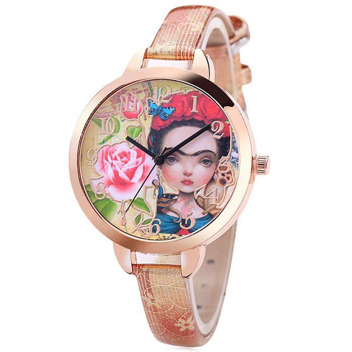 

Flower Girl Face Faux Leather Strap Watch, Golden