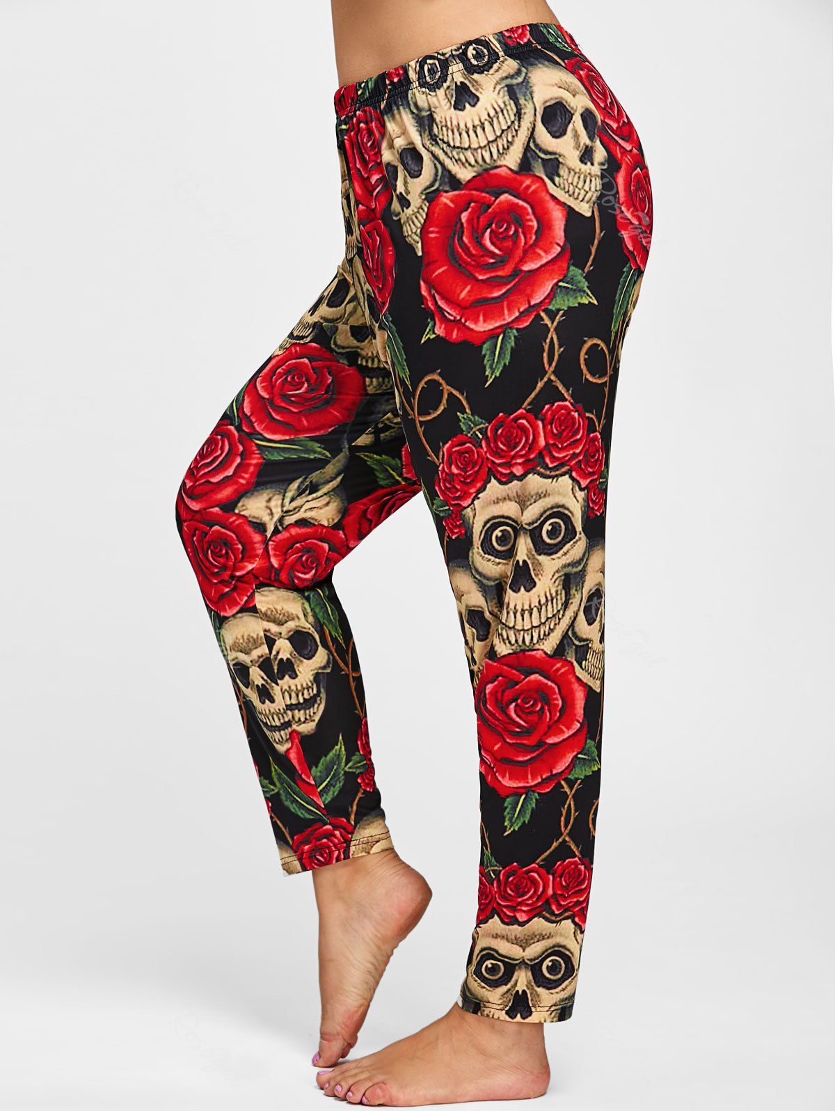 

Plus Size Halloween Skull Floral Print Pants