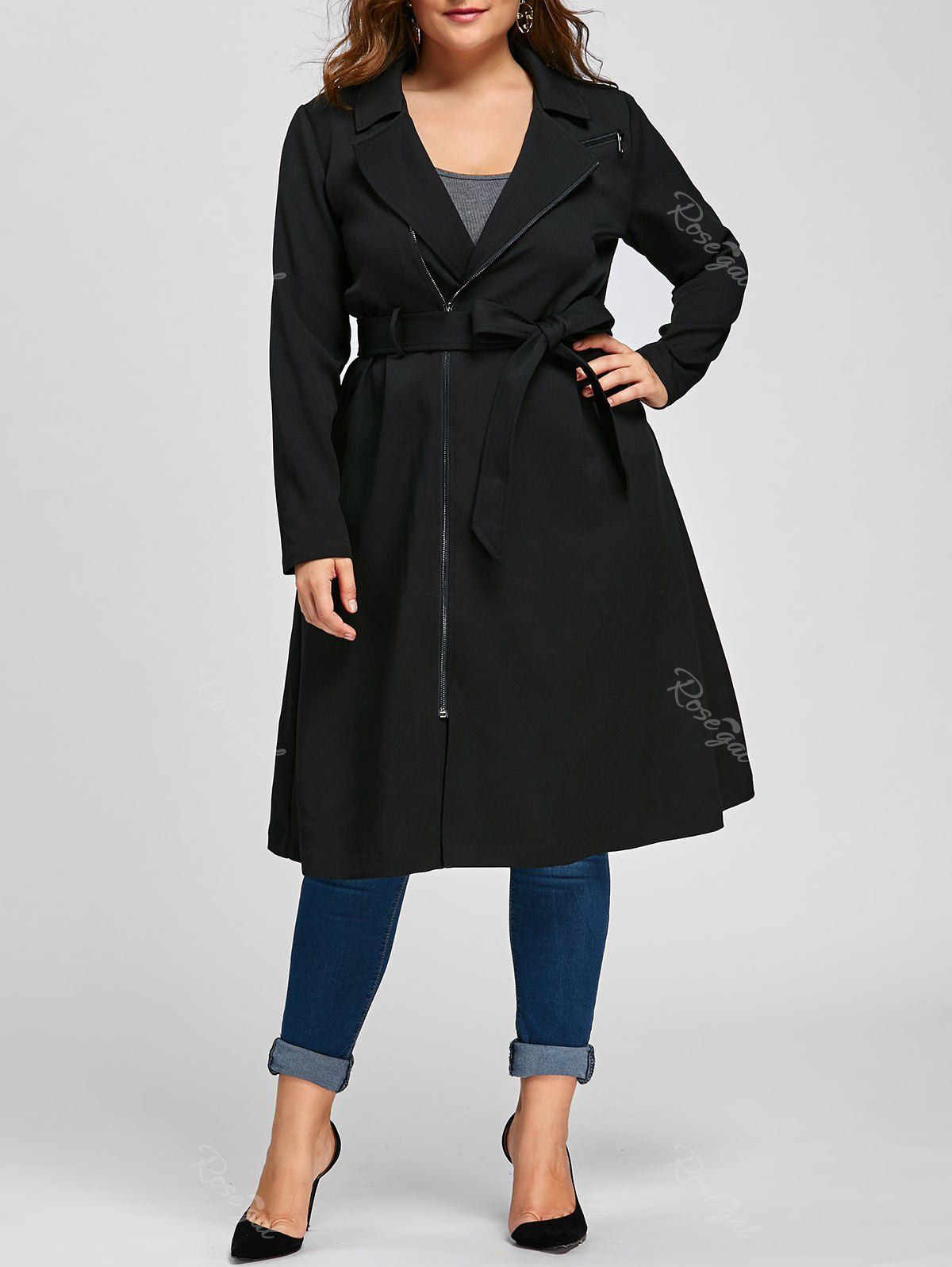 

Plus Size Zip Up Trench Coat with Tie Belt, Black
