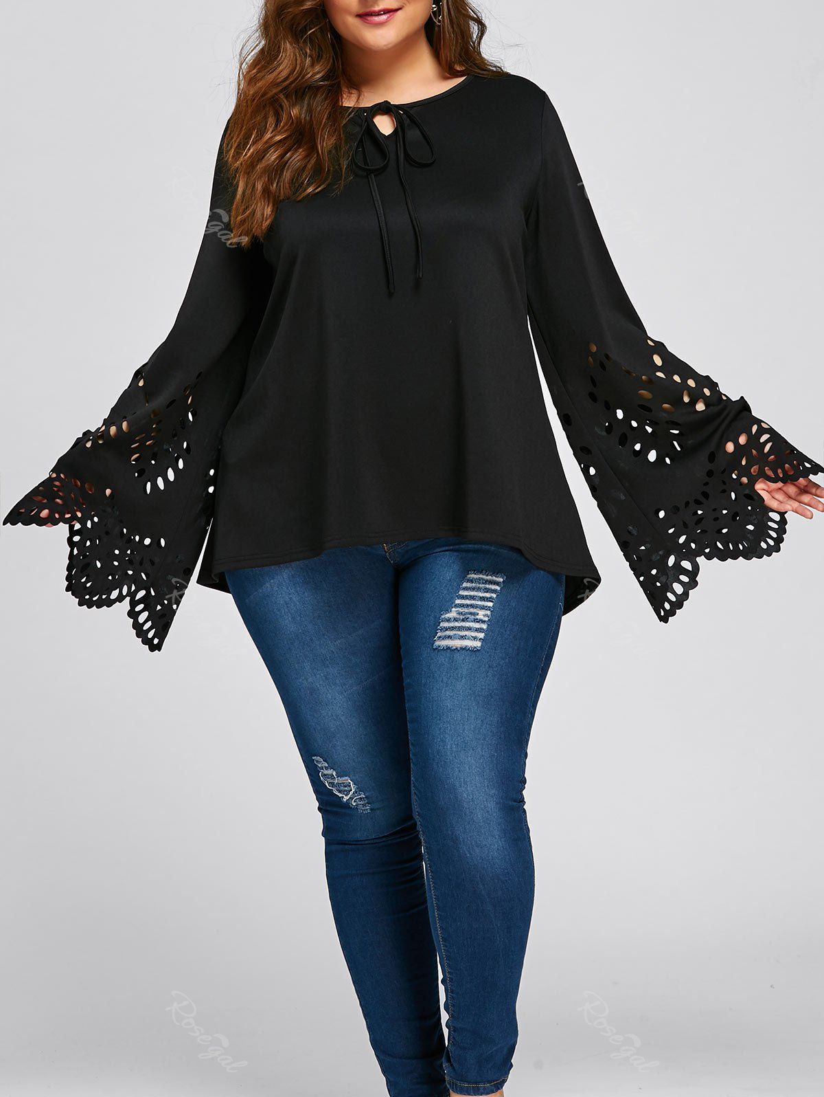 

Plus Size Openwork Bell Sleeve Top, Black