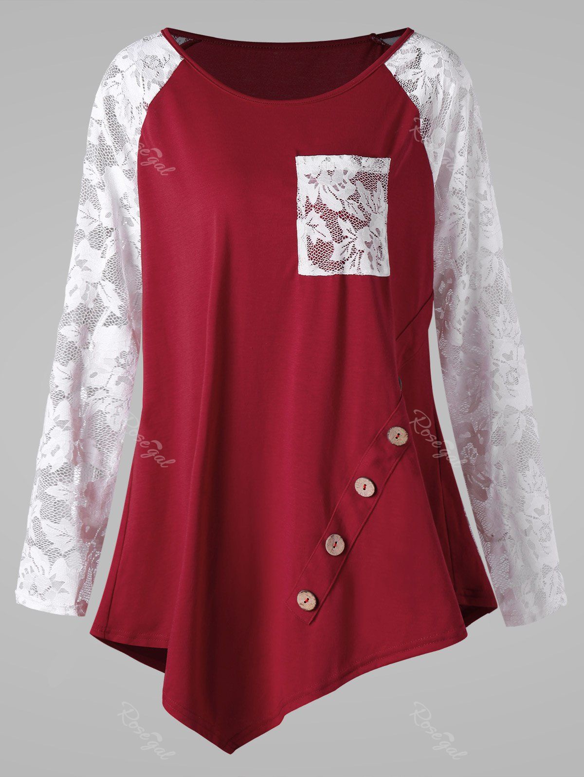 

Plus Size Raglan Sleeve Pocket Lace Panel Asymmetric T-shirt, Red and white