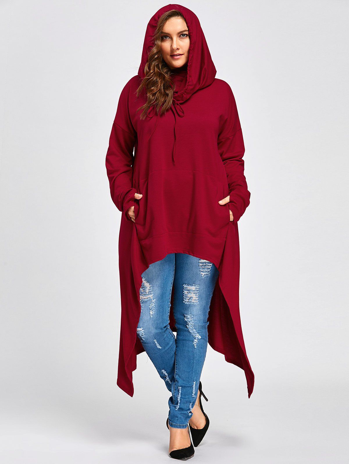 

Plus Size Long High Low Convertible Collar Top, Red