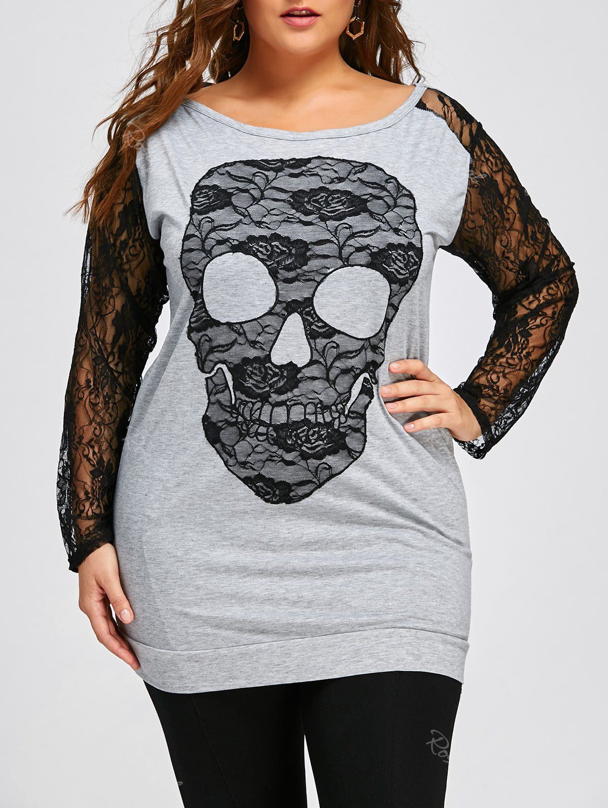 

Halloween Plus Size Lace Trim Skull Sweatshirt, Black and grey
