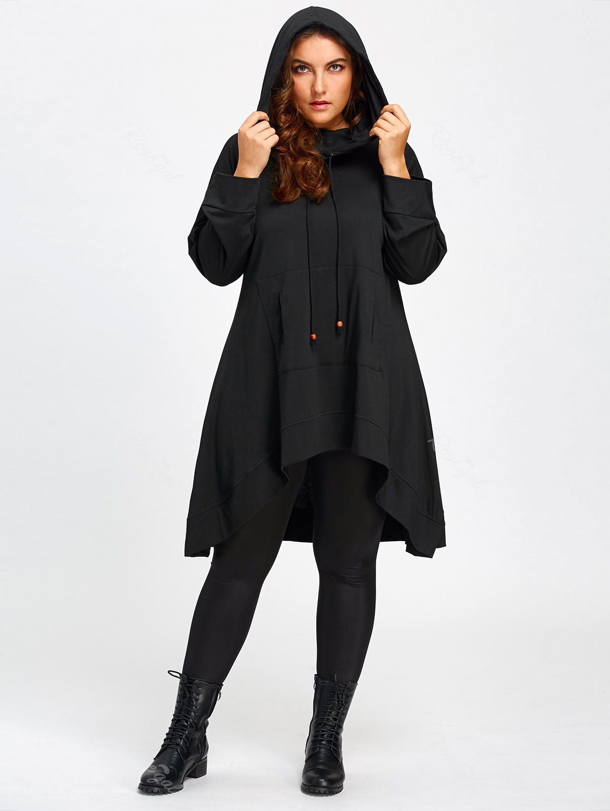 

Heaps Collar Plus Size High Low Long Hoodie, Black