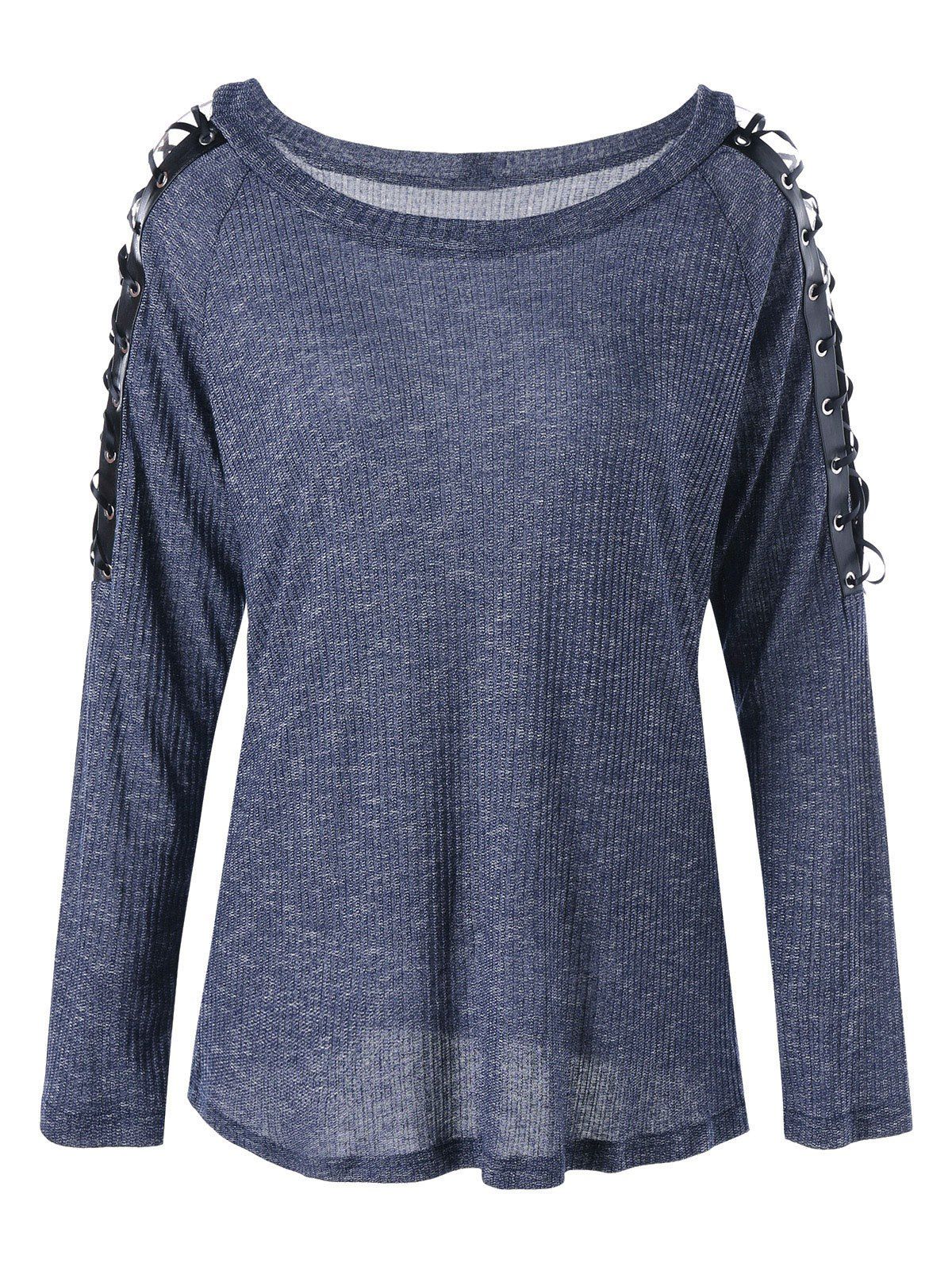 

Lace Up Raglan Sleeve Pullover Sweater, Gray