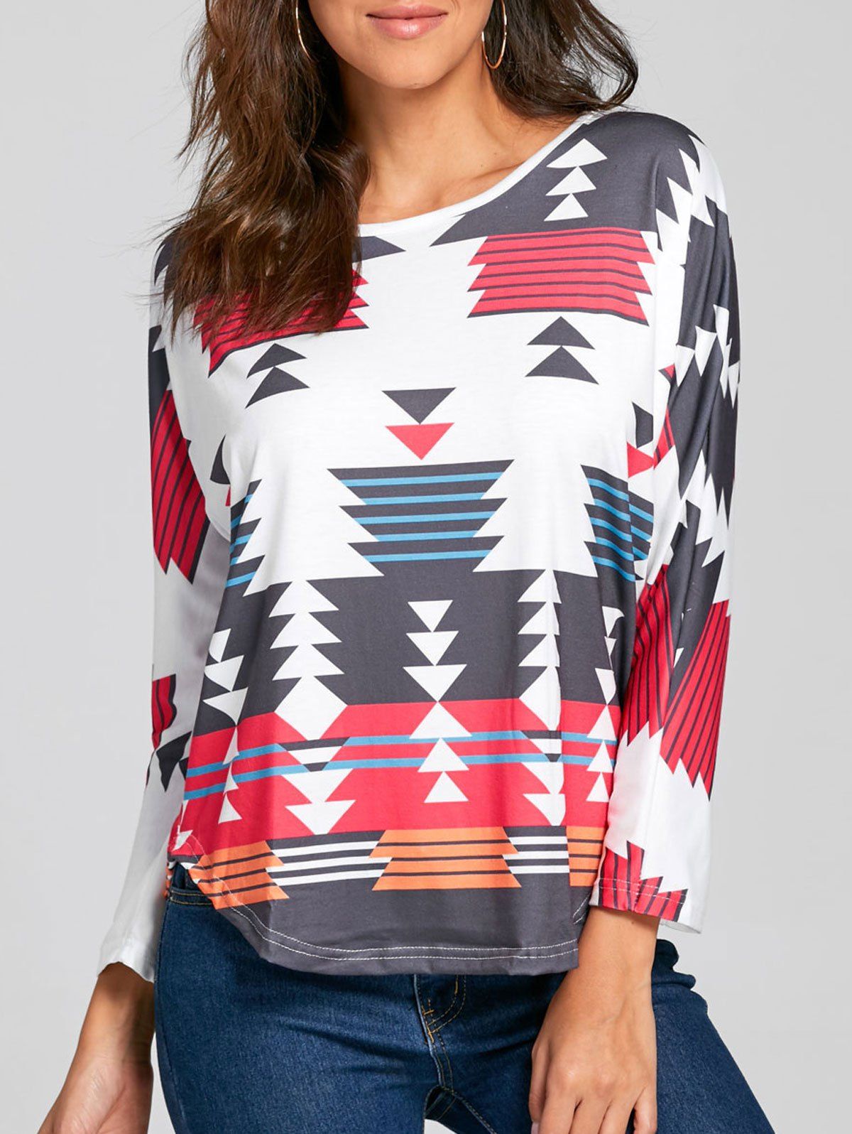 

Geometric Print Long Sleeve Top, White