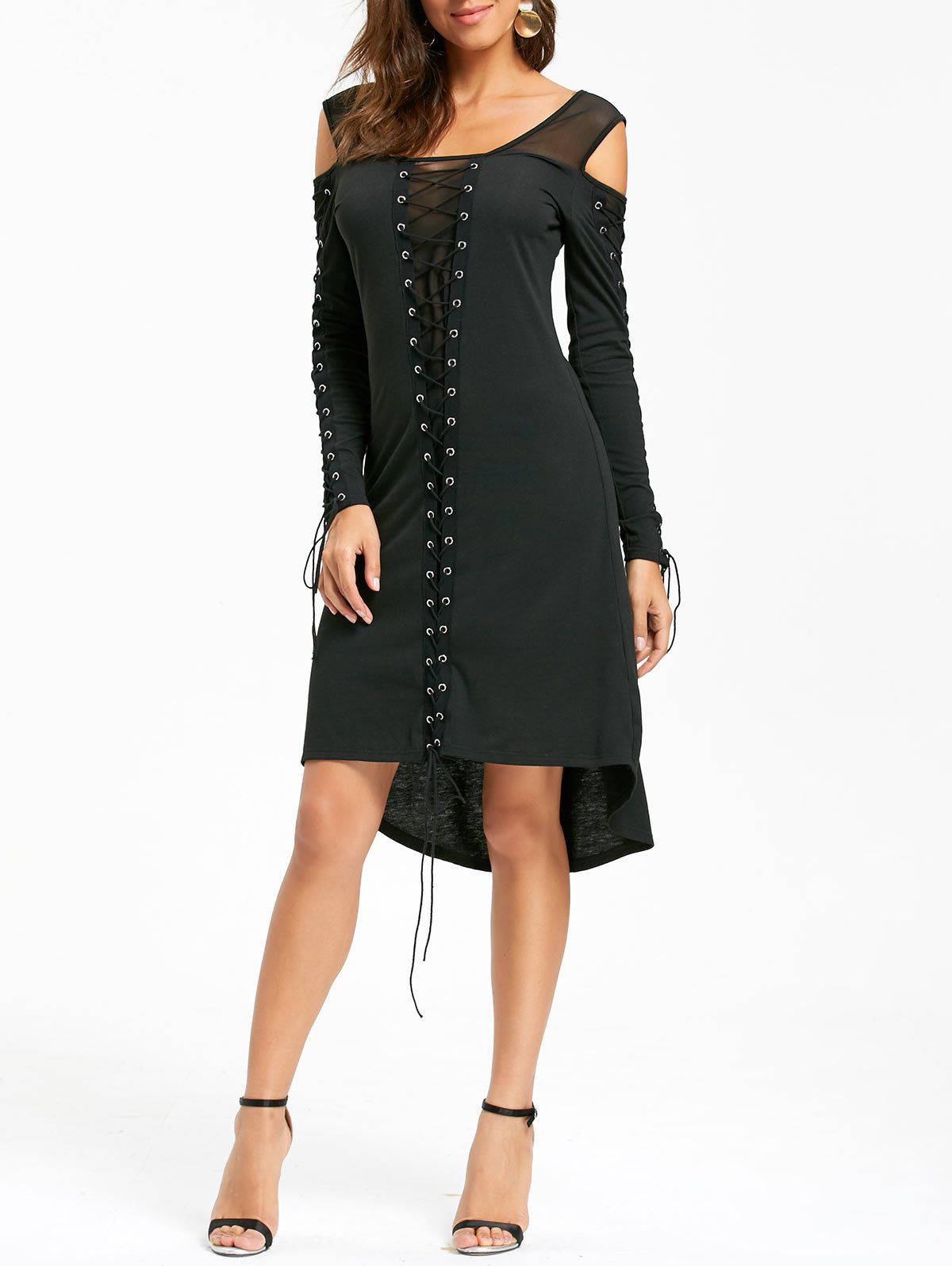 

Halloween Cold Shoulder Lace Up Gothic Dress, Black