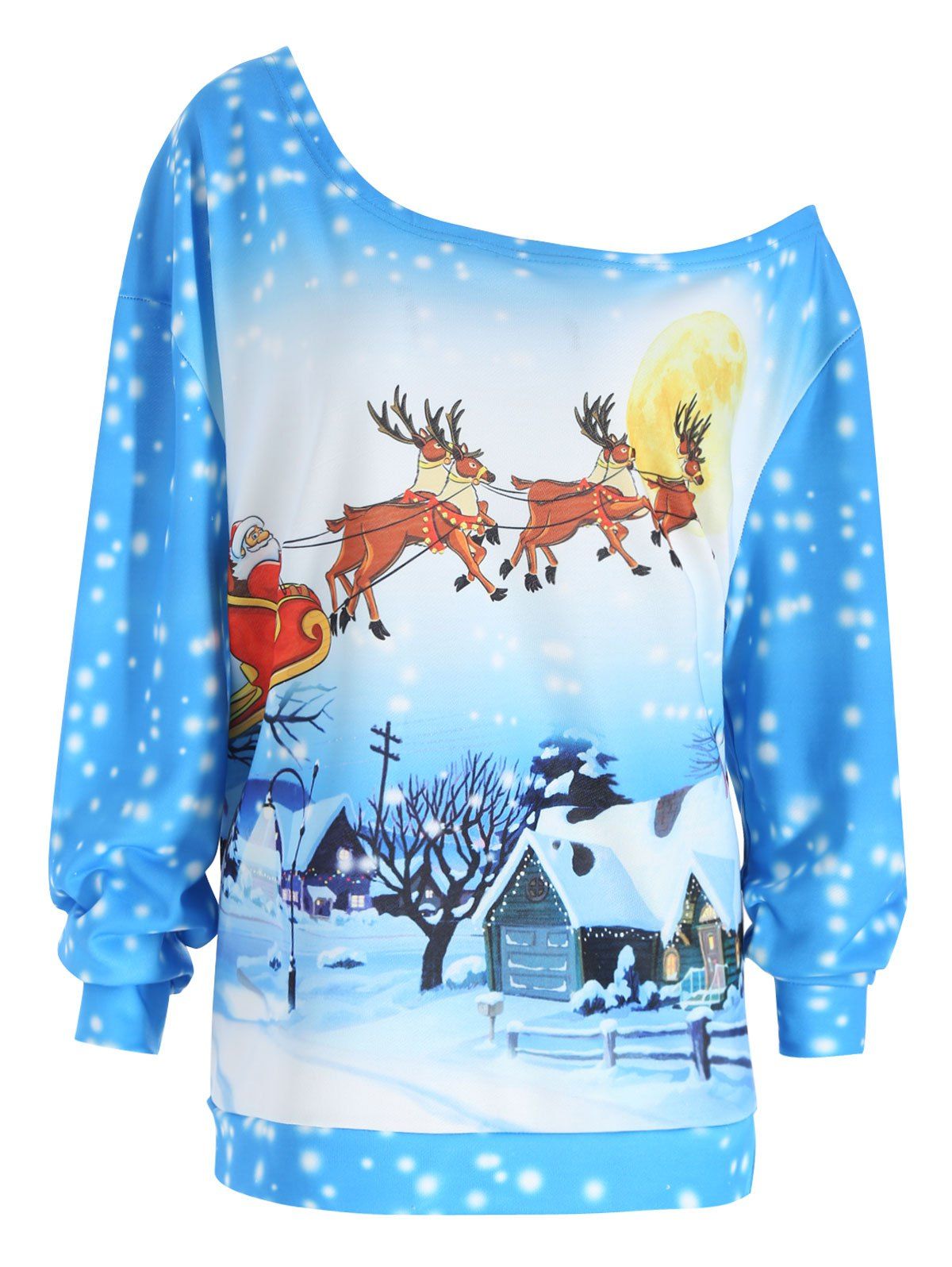 

Plus Size Skew Neck Christmas Deer Santa Claus Sweatshirt, Blue