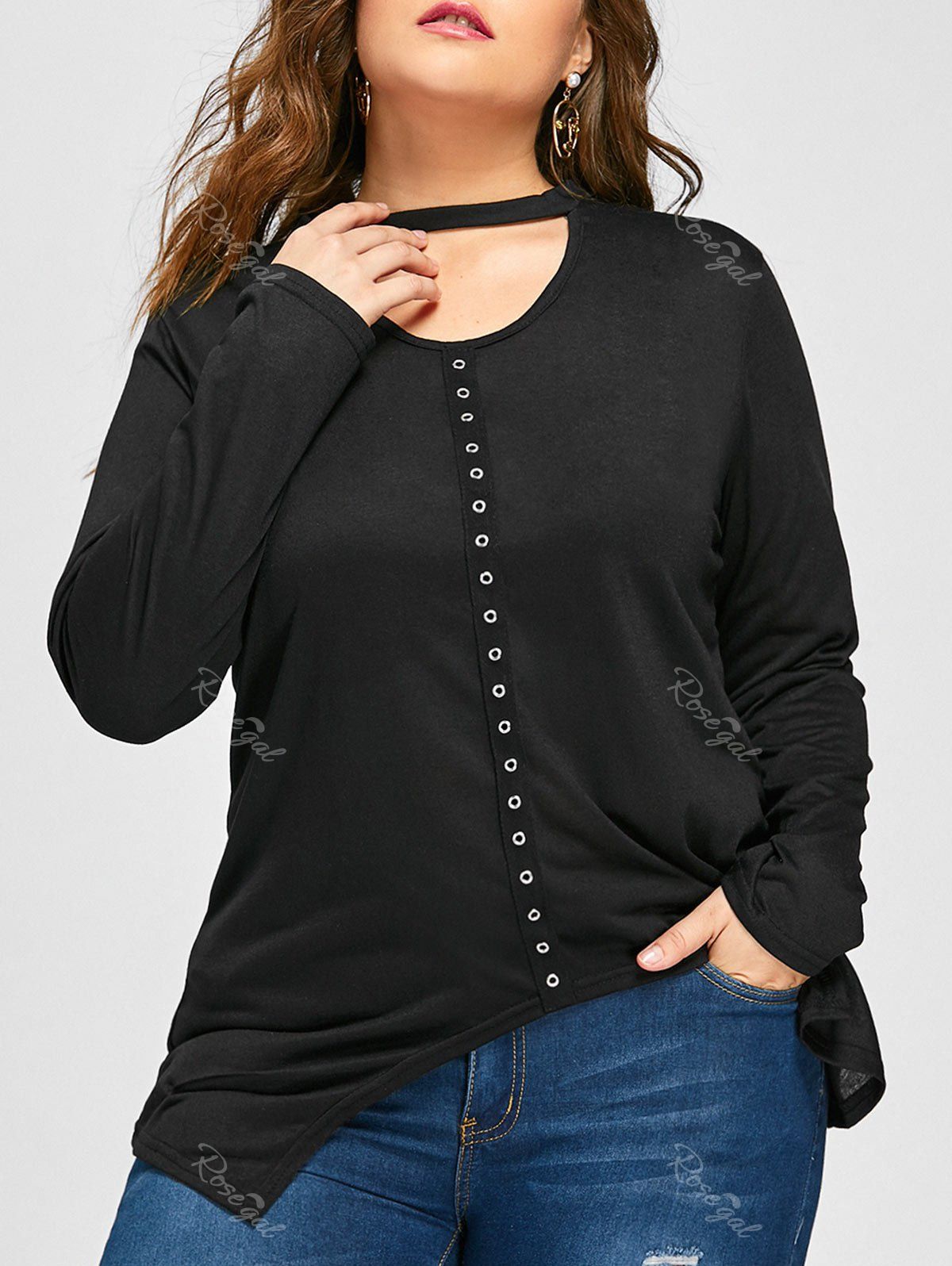 

Plus Size Asymmetrical Keyhole Grommet T-shirt, Black