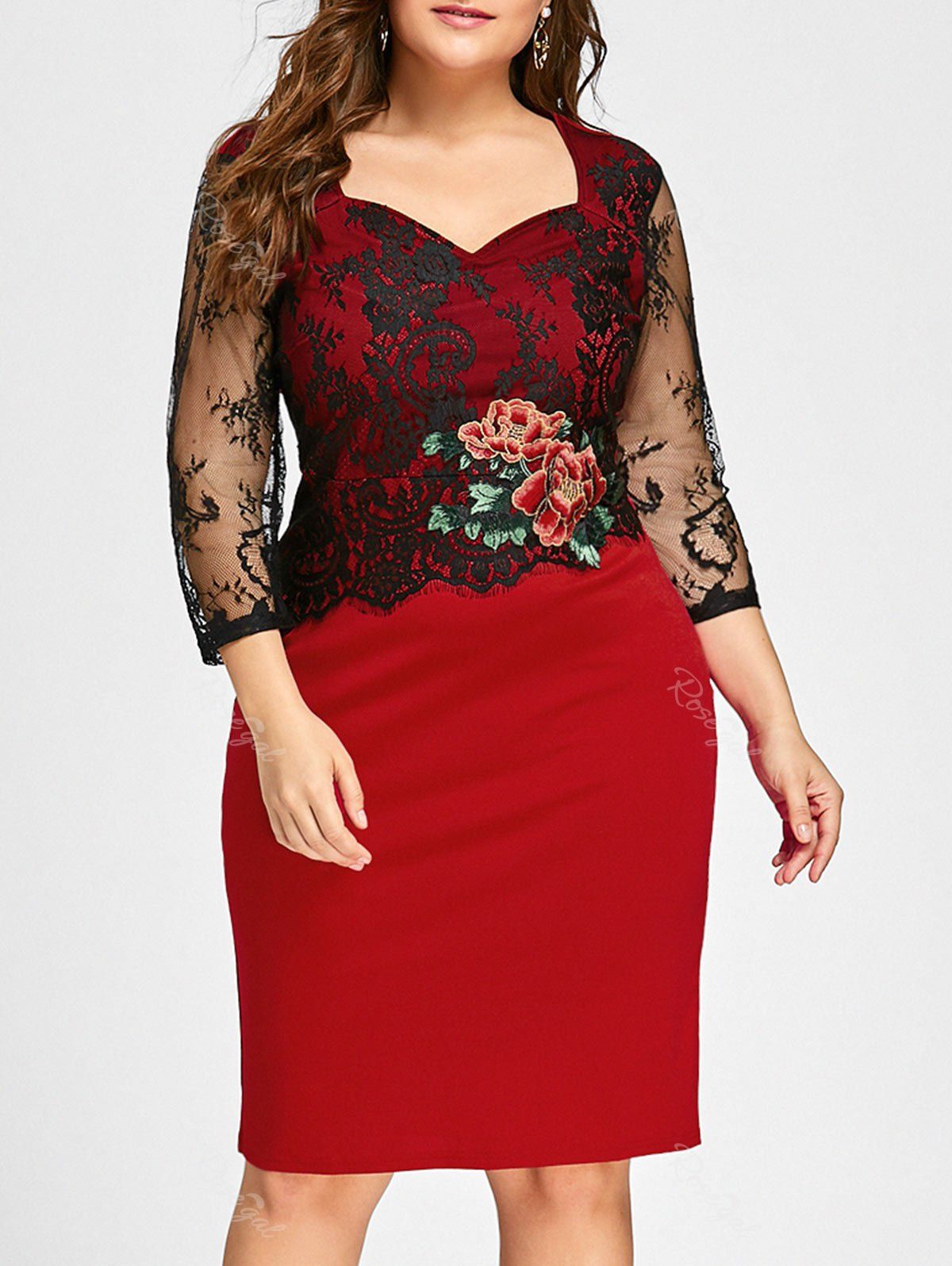 

Plus Size Floral Applique Lace Panel Bodycon Dress, Red
