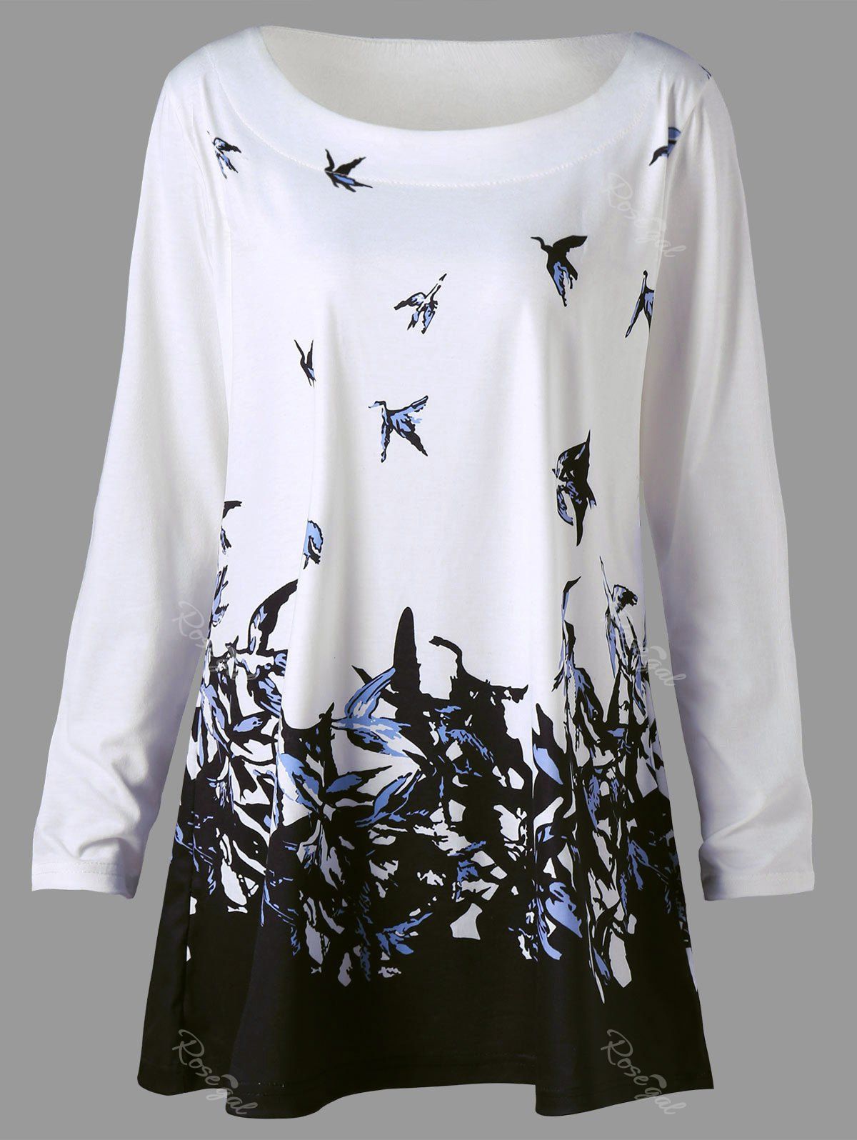 

Plus Size Bird Print Long Sleeve Top, White