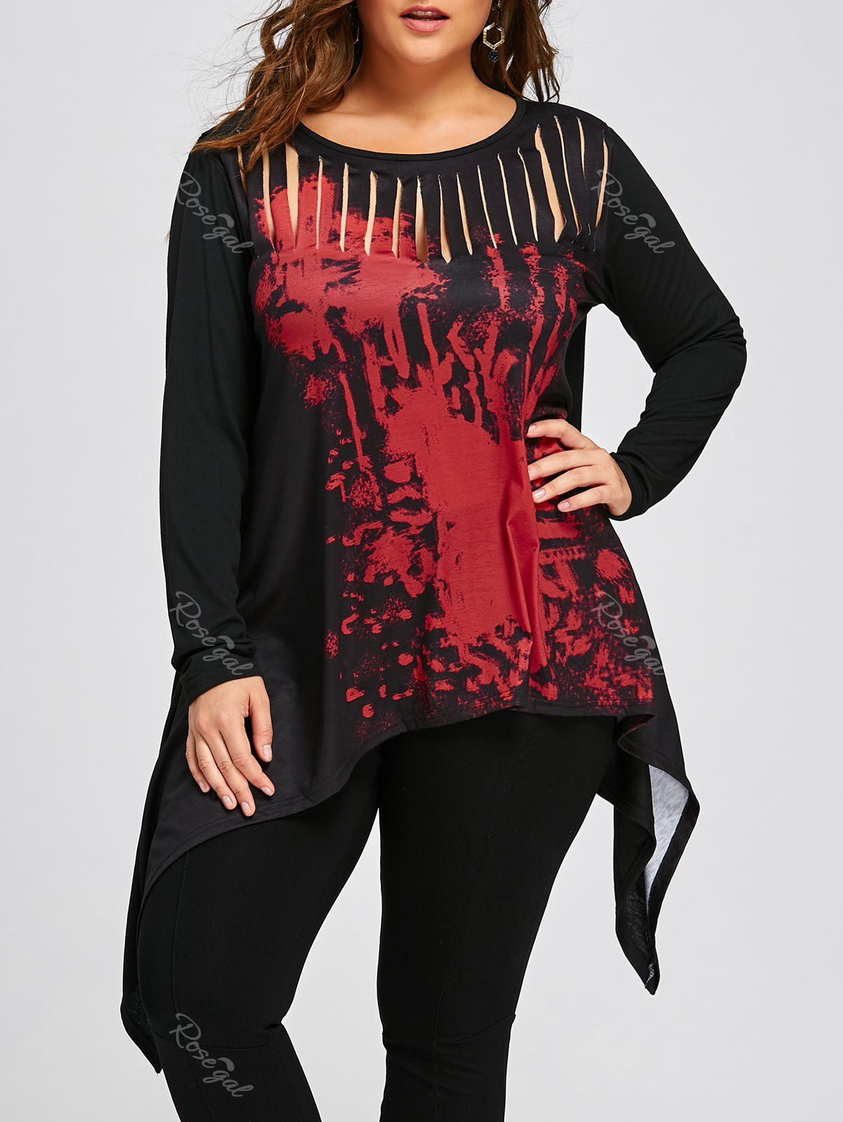 

Halloween Plus Size Two Tone Ripped Top, Red with black
