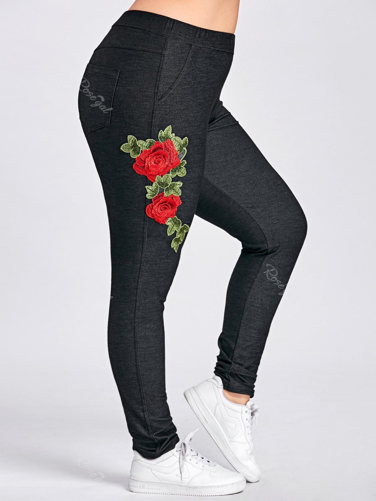 

Plus Size Tight Floral Embroidered Pants with Pocket, Dark grey