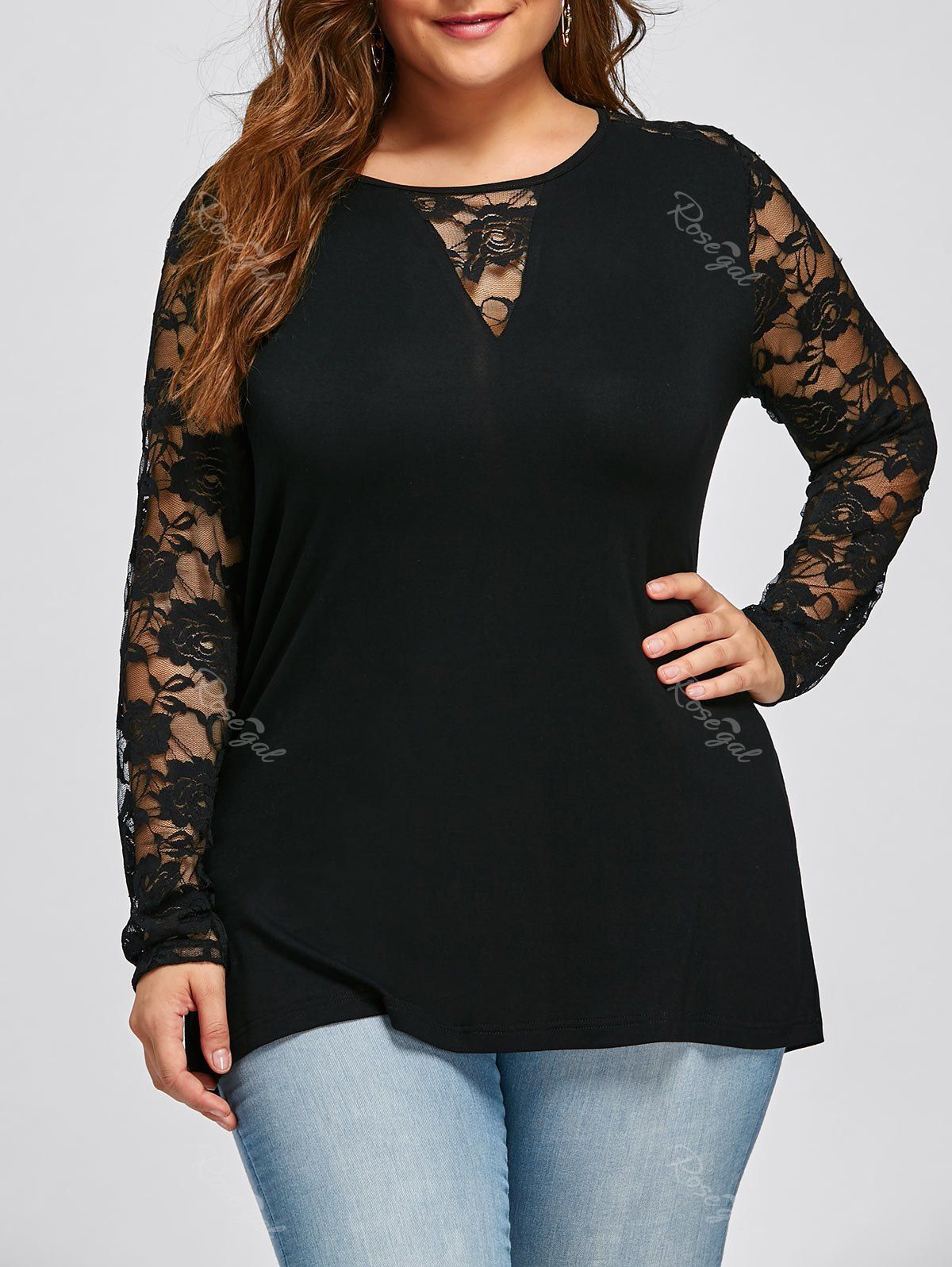 

Plus Size Long Sleeve Lace Yoke Top, Black