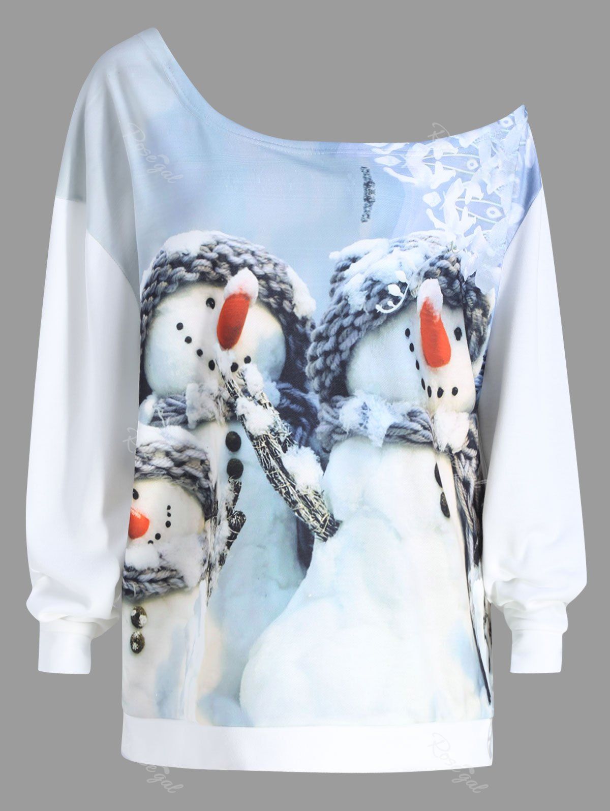 

Plus Size Cute Christmas Snowman Skew Neck Sweatshirt, White