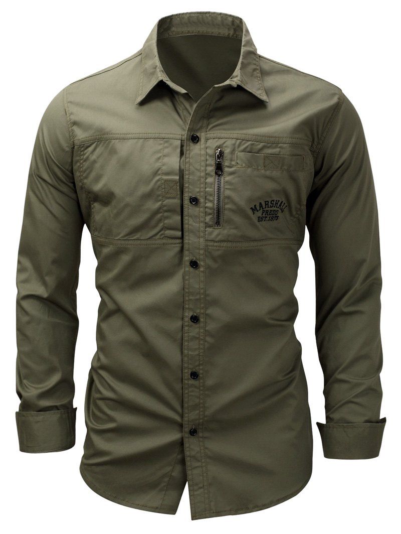 

Embroidered Zipper Design Cargo Shirt, Army green