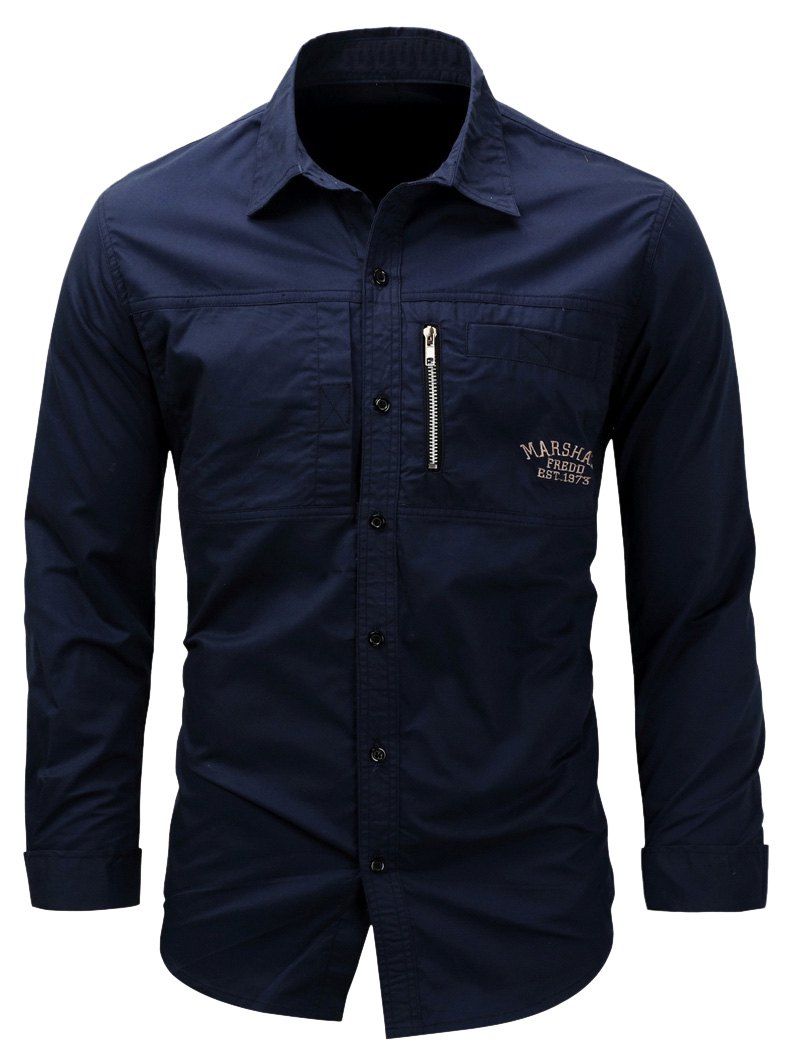 

Embroidered Zipper Design Cargo Shirt, Deep blue
