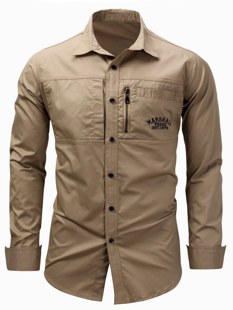 

Embroidered Zipper Design Cargo Shirt, Khaki