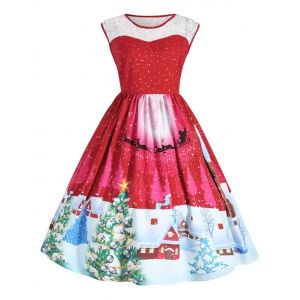 

Christmas Plus Size Lace Panel Sleeveless Party Dress, Red