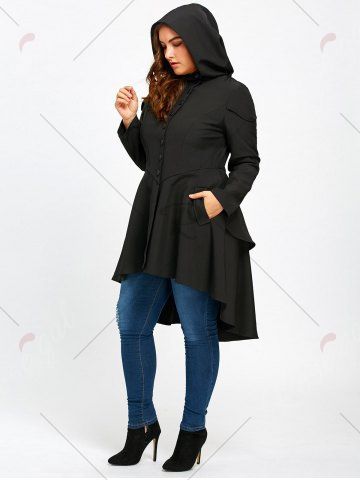 

Lace Up High Low Plus Size Hooded Coat, Black