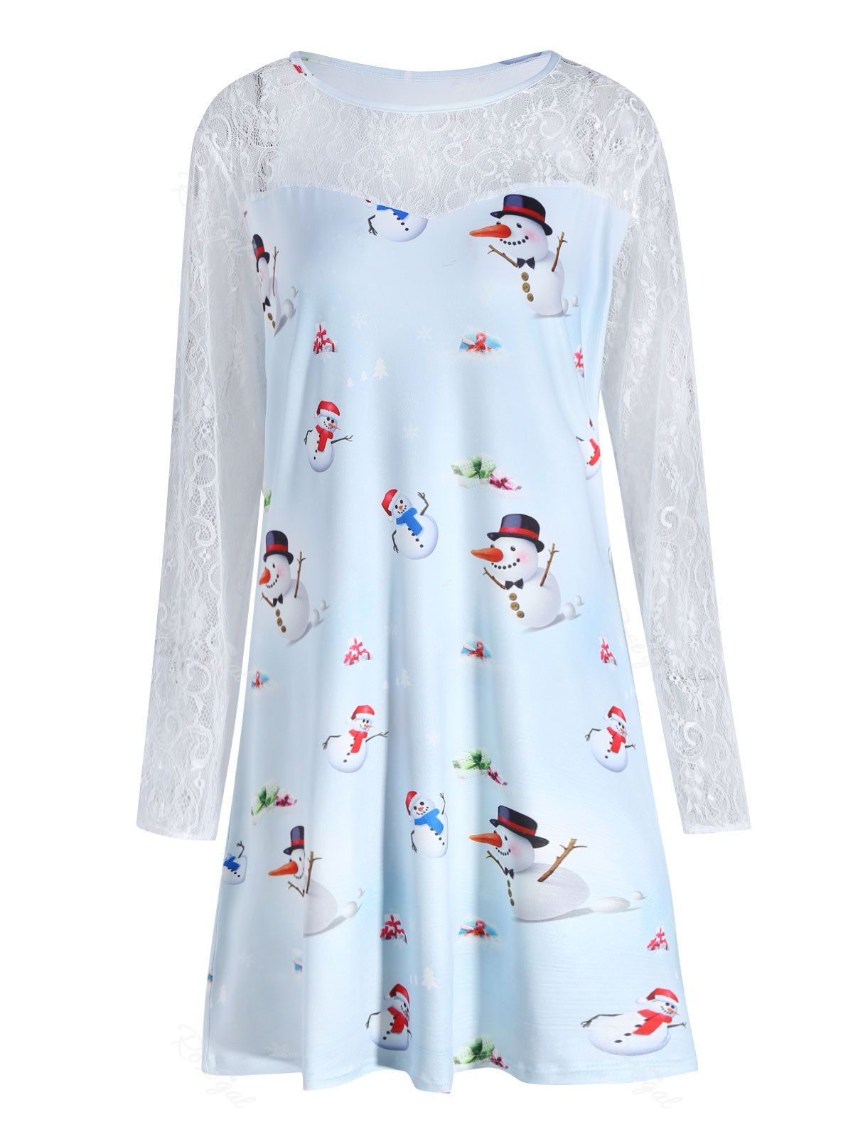 

Plus Size Christmas Snowman Print Lace Sleeve Dress, Cloudy