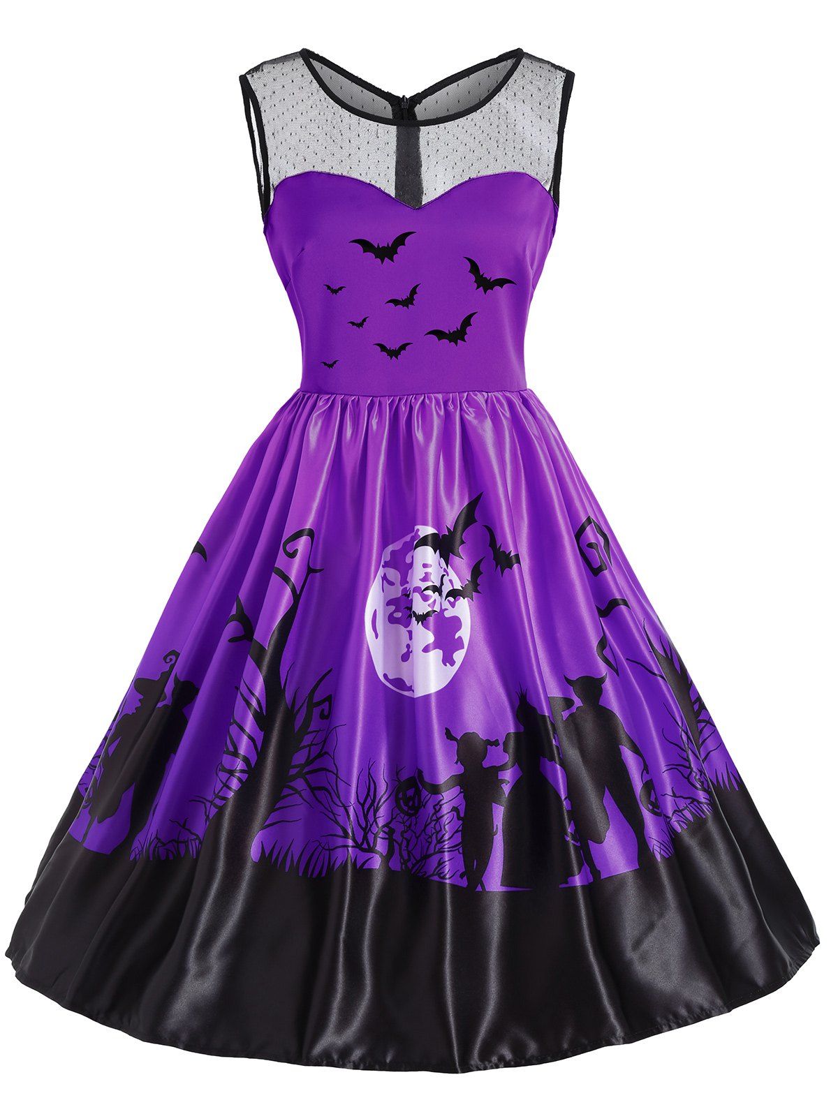 

Mesh Yoke Halloween Bat Moon Print Dress, Purple