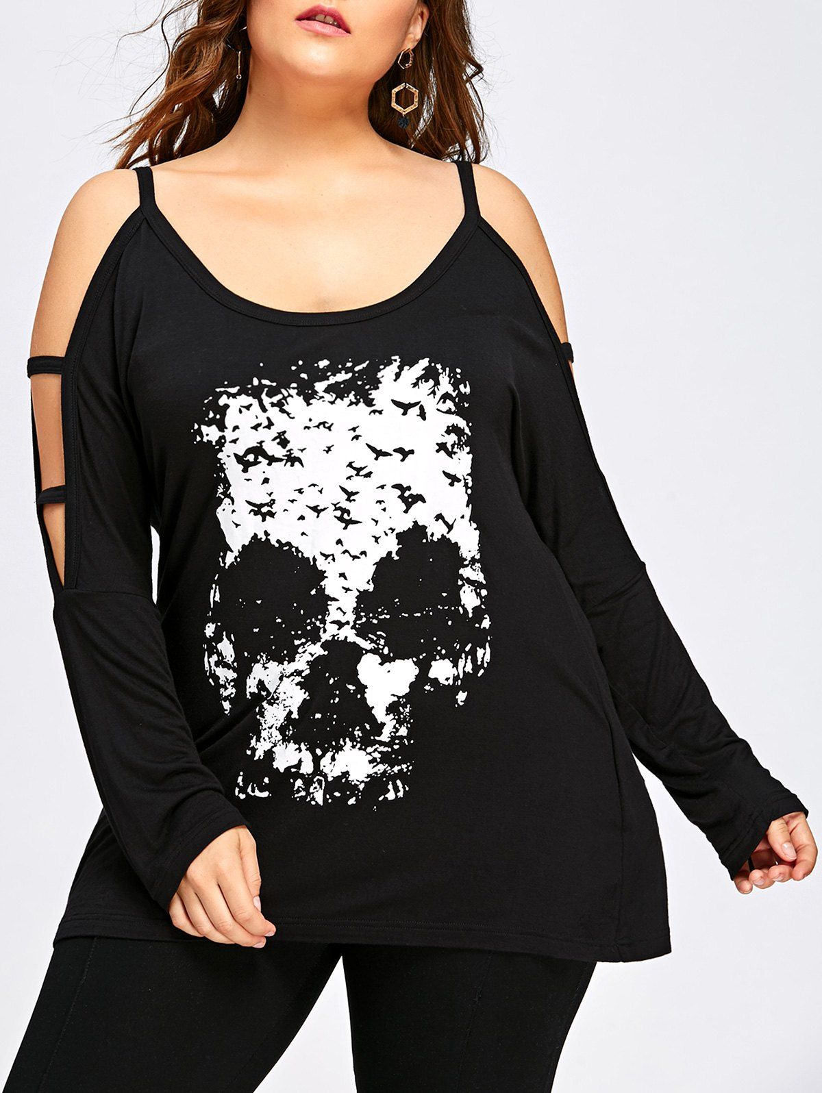 

Halloween Plus Size Skull Open Shoulder Top, Black