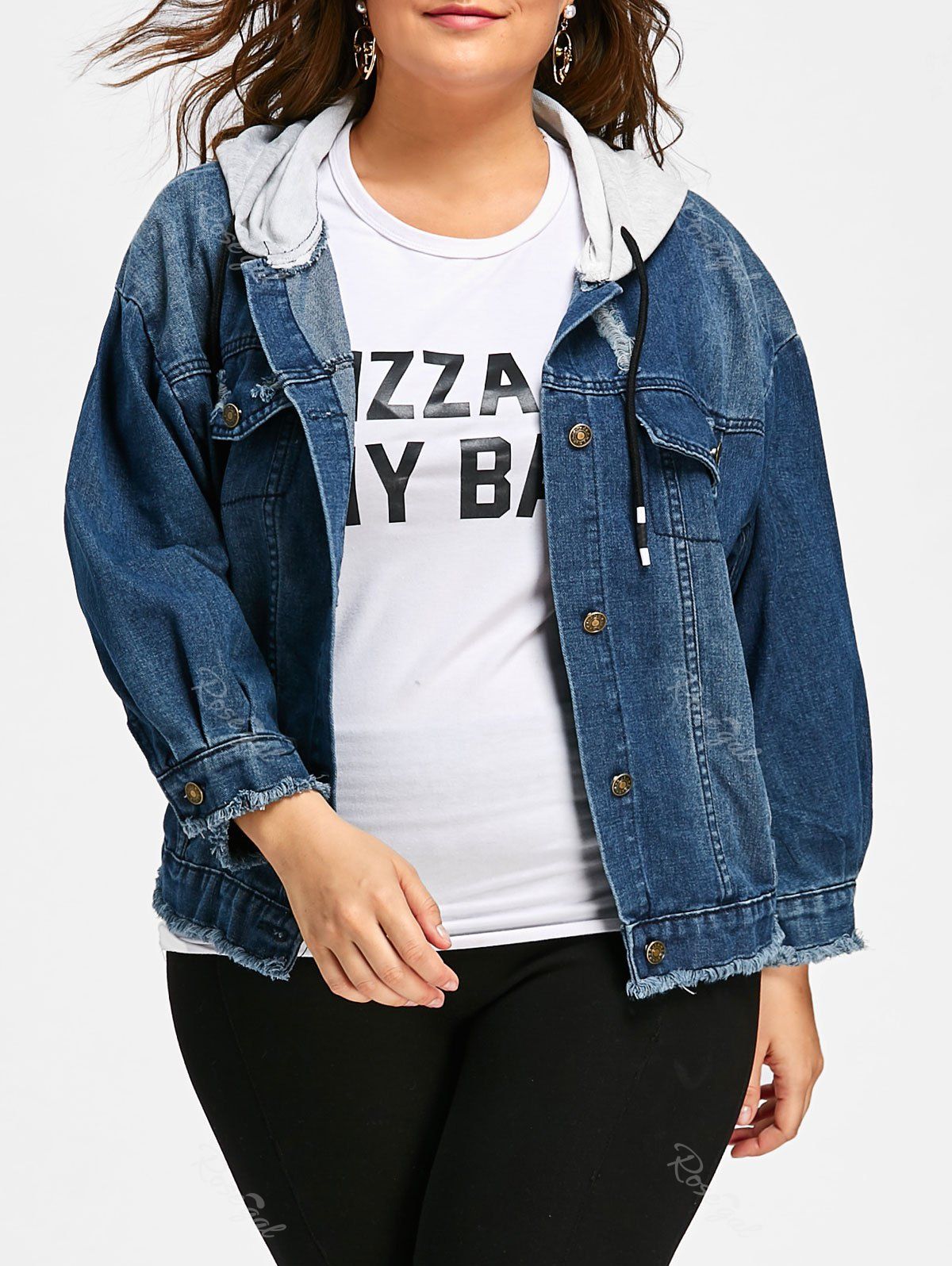 

Button Up Plus Size Frayed Hem Hooded Denim Jacket, Denim blue
