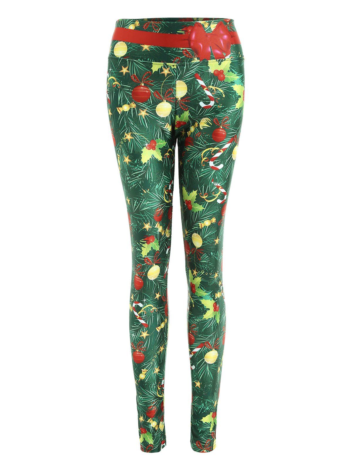 

Christmas Tree Print Wide Waistband Fitted Leggings, Green