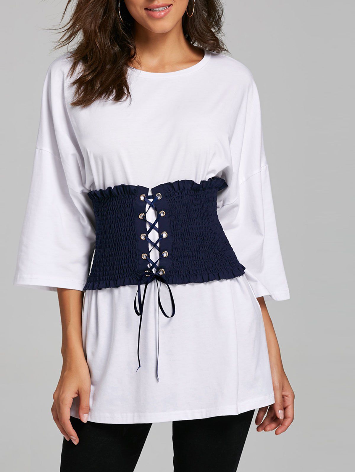 [32 OFF] Drop Shoulder Tunic Tshirt With Corset Belt Rosegal