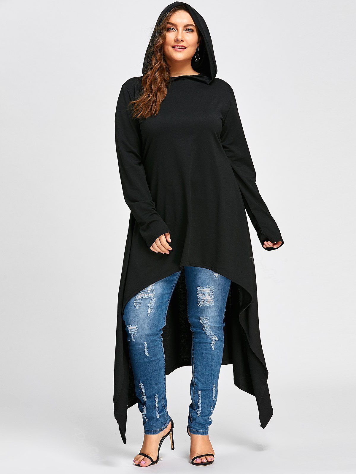 

Plus Size Long High Low Hooded Top, Black