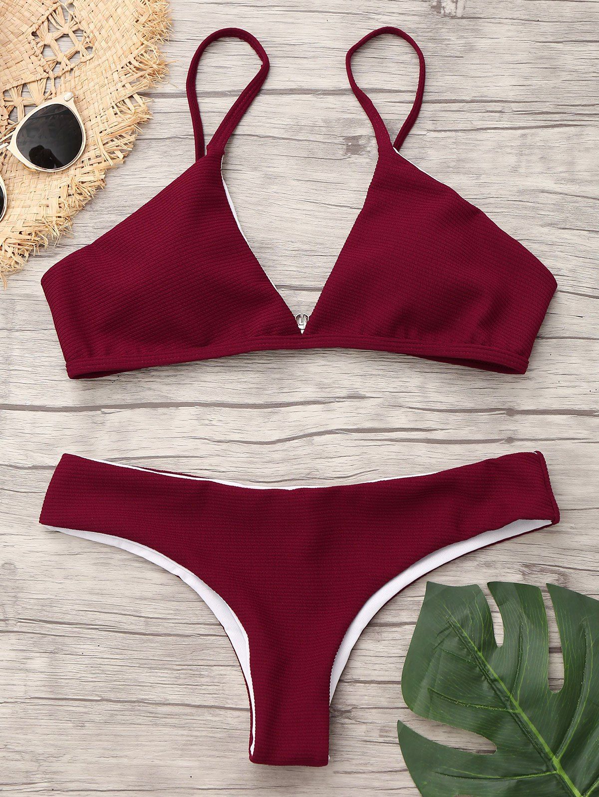 

Spaghetti Strap Low Waist Bikini Set, Wine red