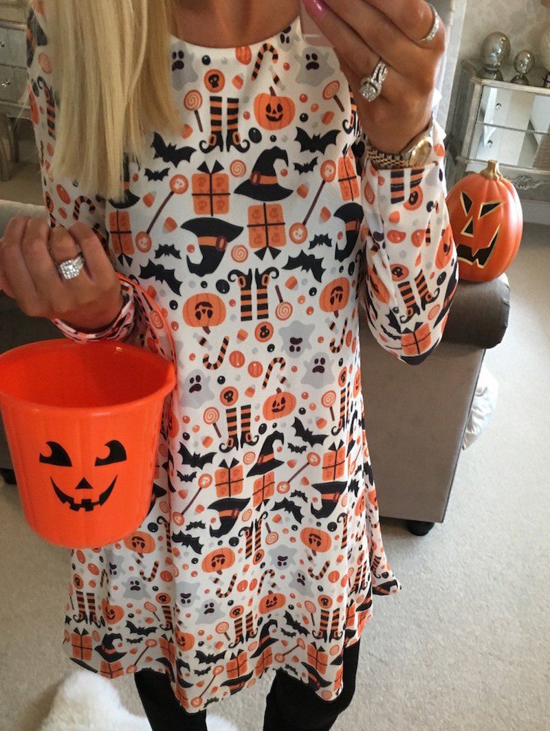 

Pumpkin Print Halloween Long Sleeve Dress, Colormix