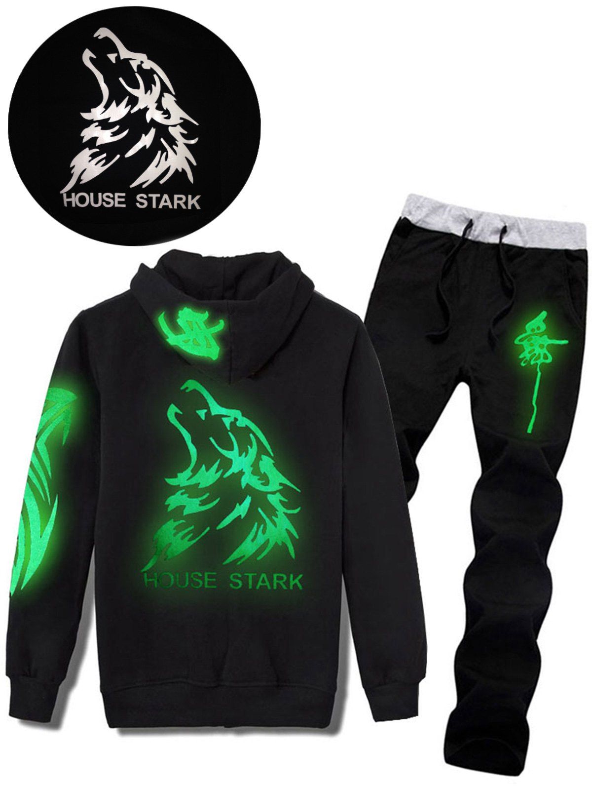 

Luminous Wolf Graphic Print Hoodie and Pants Twinset, Black