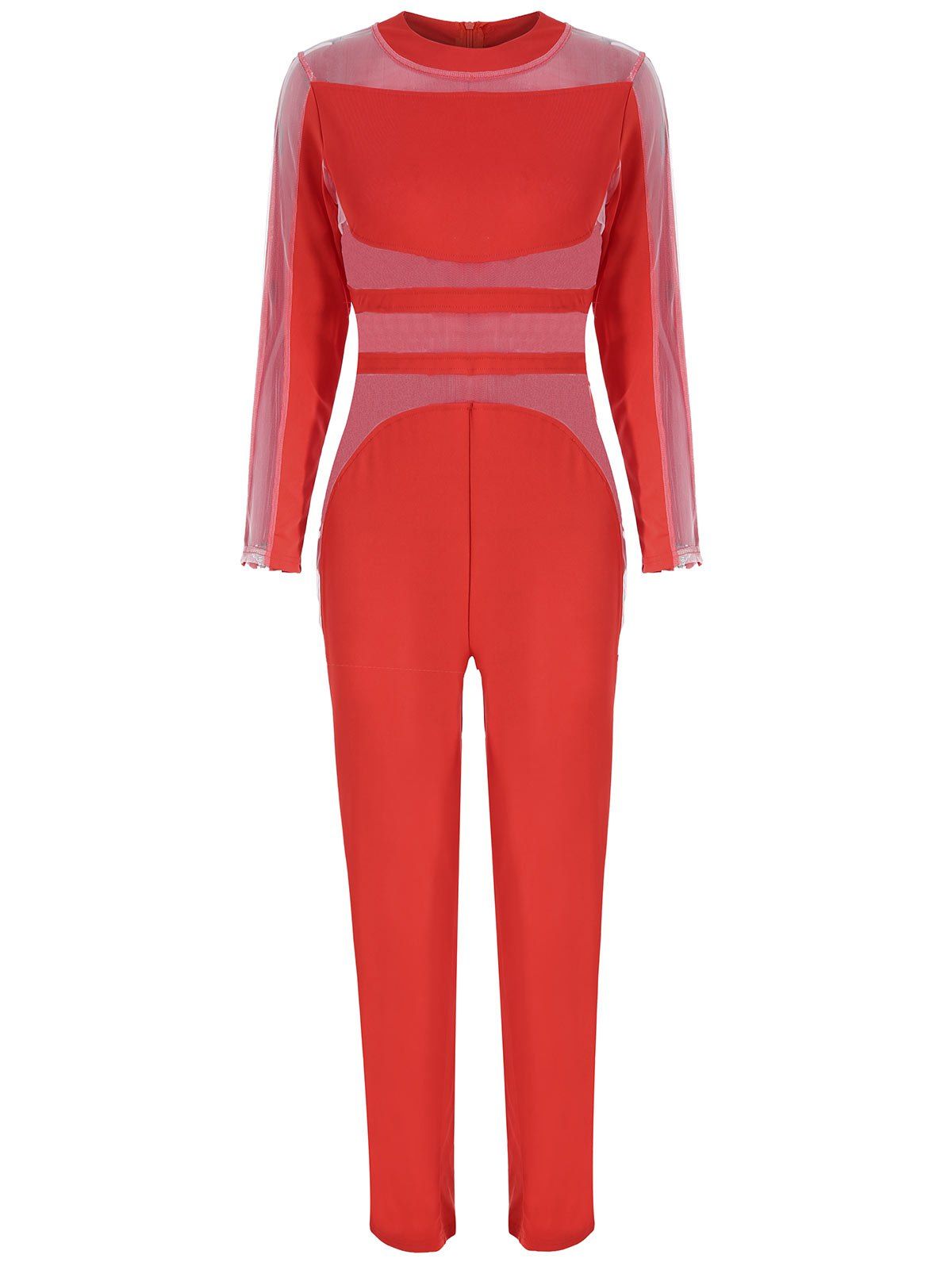 

See Thru Mesh Panel Long Sleeve Jumpsuit, Red