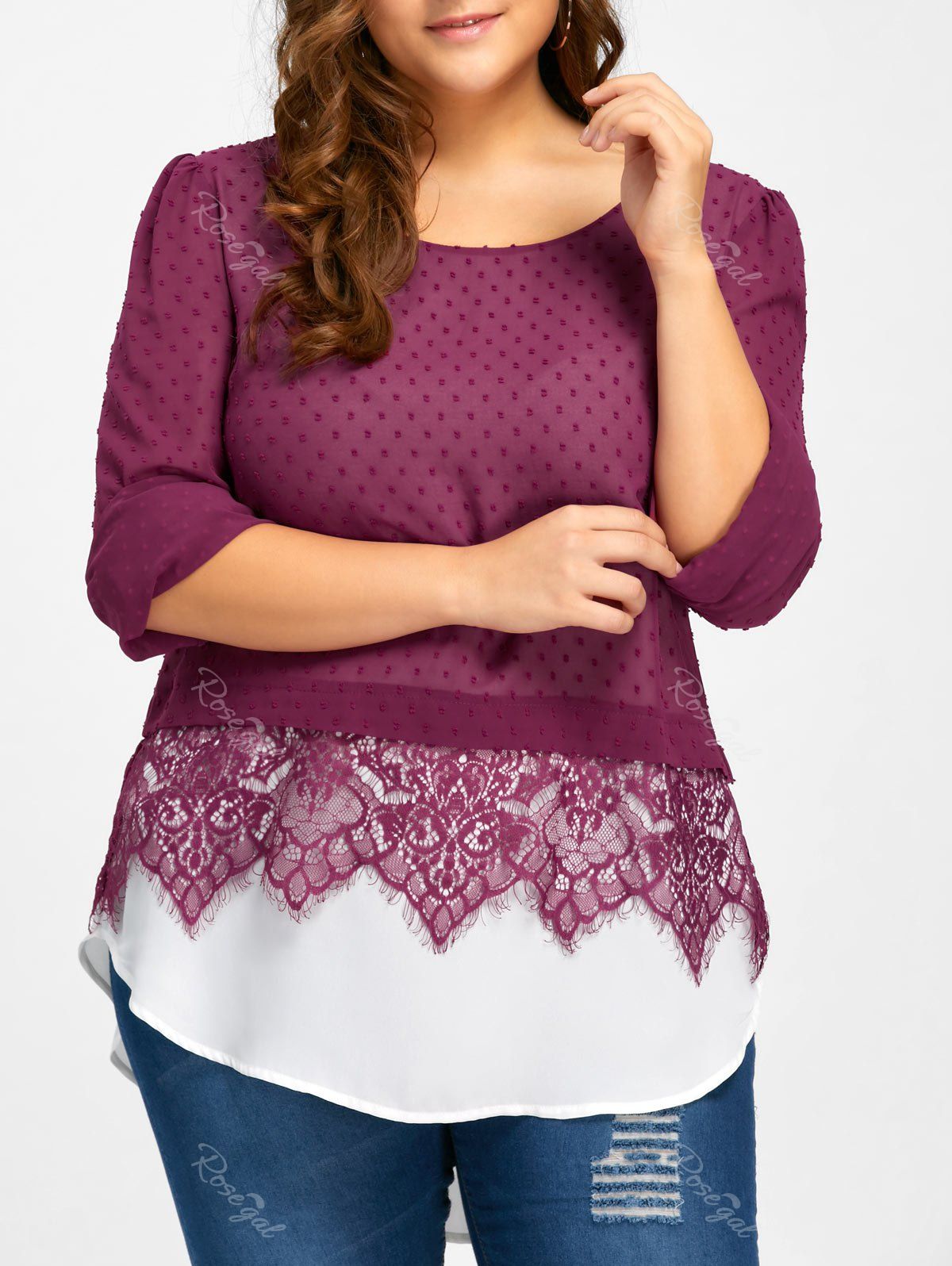 

Plus Size Lace Trim Swiss Dot Blouse, Purplish red
