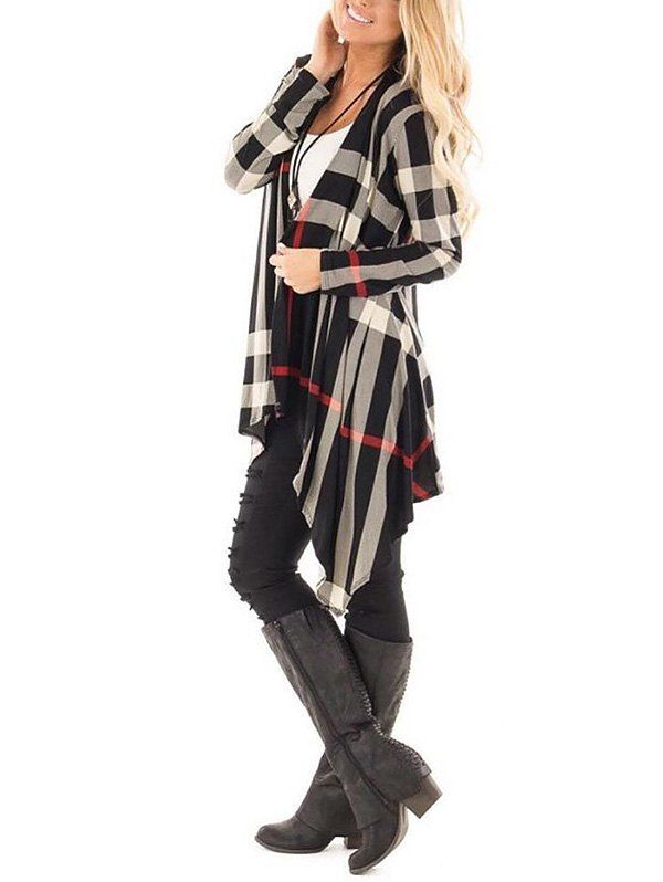 

Plaid Asymmetric Draped Tunic Cardigan, Colormix