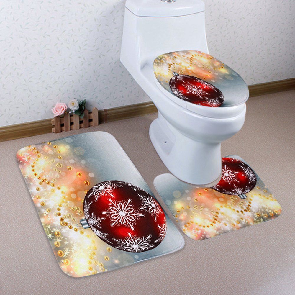 

3Pcs Christmas Ball Print Toilet Bath Rugs Set, Colormix